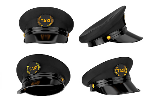 Set of Black Taxi Driver Caps with Goldan Cockade and Taxi Sign on a white background. 3d Rendering