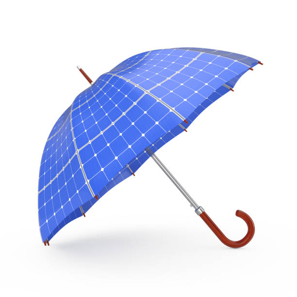 umbrella with sollar panels. 3d rendering - voltaic imagens e fotografias de stock