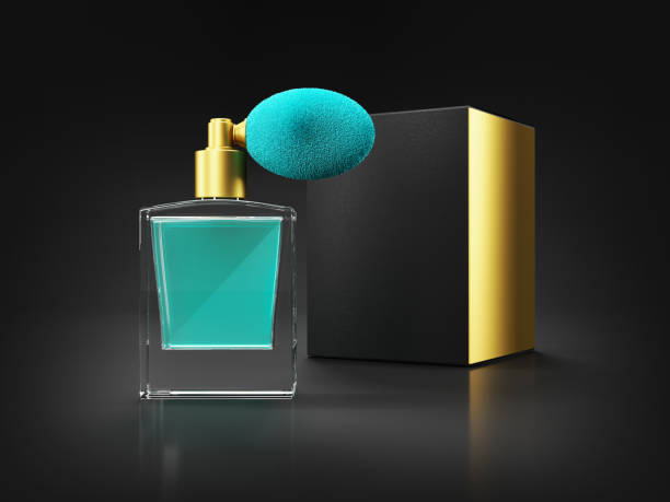 istock Cosmetic glass bottle and gold packaging on black 1145852147
