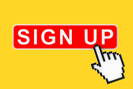 Sign Up Button with Pixel Icon Hand on a yellow background. 3d Rendering