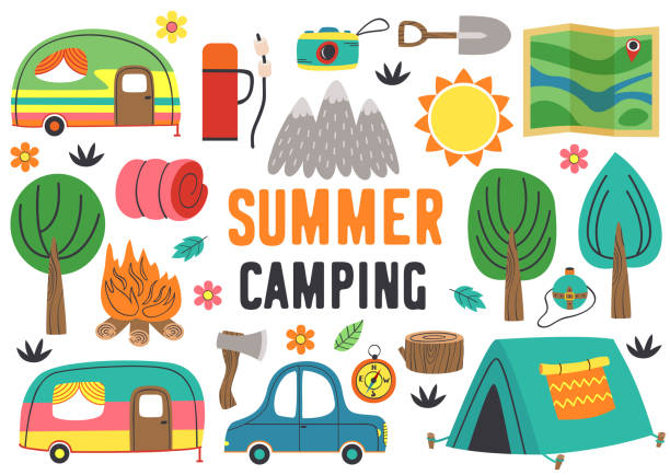 illustrazioni stock, clip art, cartoni animati e icone di tendenza di set di elementi isolati del campeggio estivo parte 1 - camping picnic mountain vector