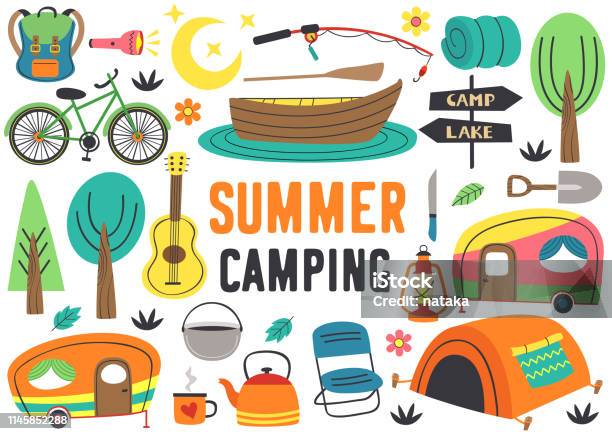 Set Of Isolated Summer Camping Elements Part 2 Stock Illustration - Download Image Now - Camping, Foldable, Backpack