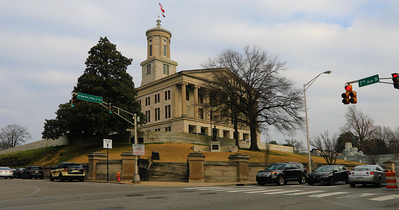 Scene of Tennessee State Capitol building in Nashville. Designed by architect William Strickland and opened in 1859