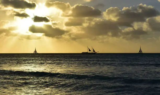 Beautiful look at three sailboats silhouetted against the sky.