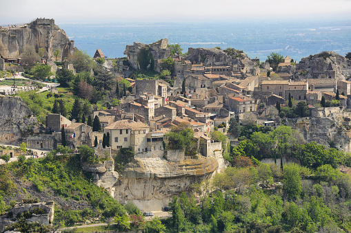 Skyline of renowned provencal village Les Baux de Provence in Spring, France