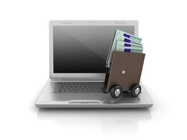 istock Wallet with Wheels and Euro Bills on Computer Laptop - 3D Rendering 1145853110