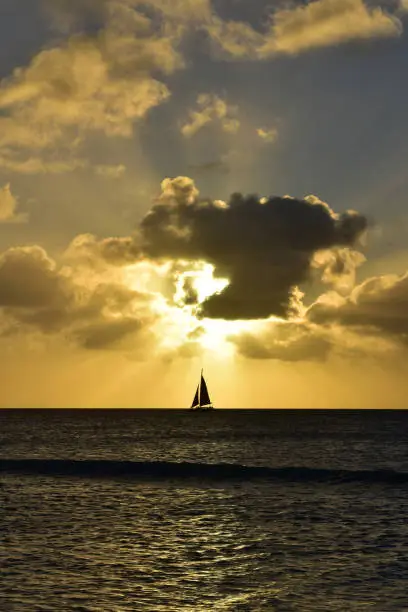 Aruba with a stunning silhouetted sailboat at dusk.