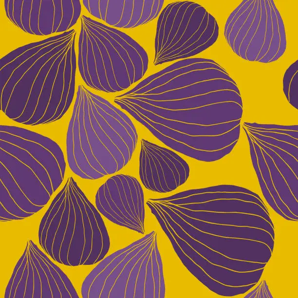 Vector illustration of Seamless Vector Pattern with Fig in graphic stylization. Purple and mustard trendy colors. Cute vector background. Bright fresh fruit illustration.