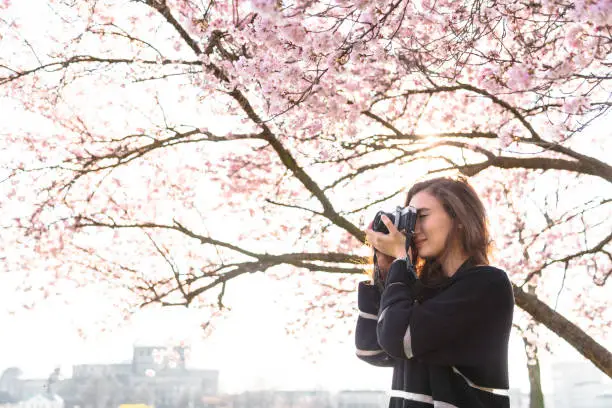 Photo of Girl makes picture while standing under tree