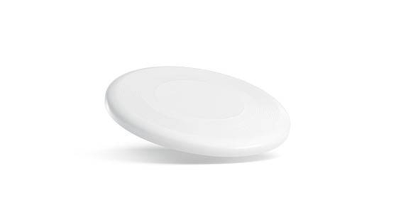 Blank white plastic frisbee mockup, isolated, no gravity, 3d rendering. Empty flying disc mock up. Clear round toy for summer game in park. Air disk for print design template.