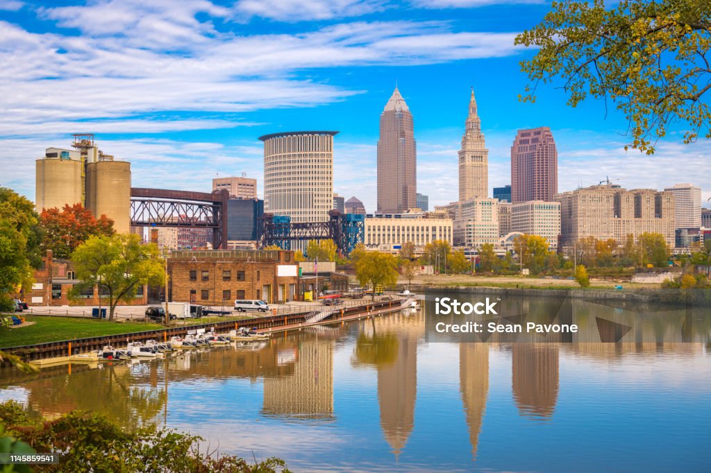 Cleveland, Ohio, USA skyline on the Cuyahoga River. Cleveland - Ohio Stock Photo