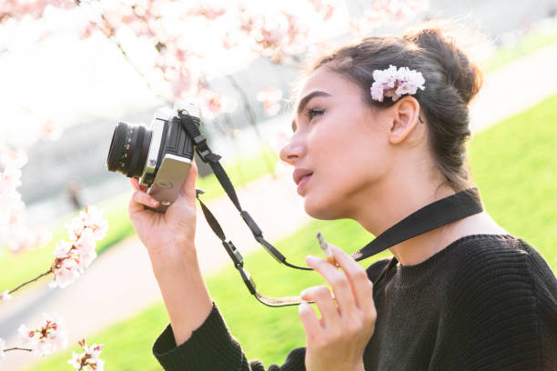istock Girl holds camera and cigarette and looks up 1145860305