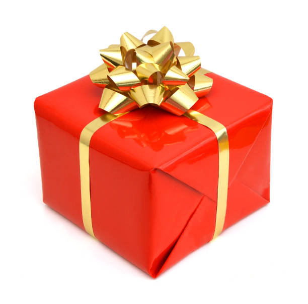 istock Red gift box with gold bow isolated on white 1145860739