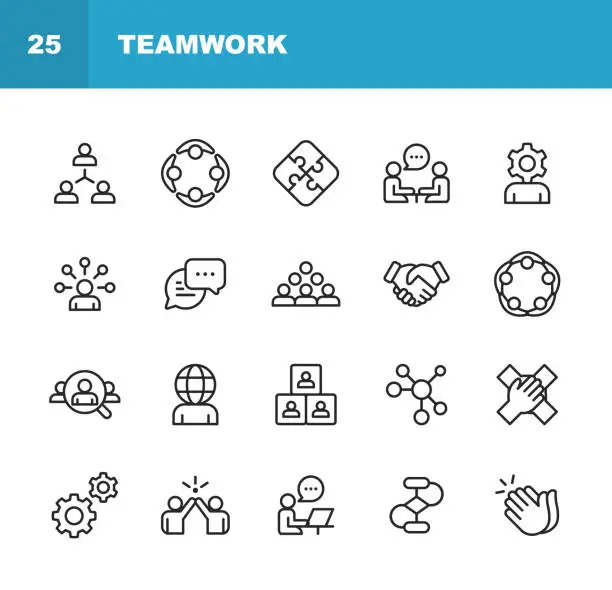 Vector illustration of Teamwork Line Icons. Editable Stroke. Pixel Perfect. For Mobile and Web. Contains such icons as Business Meeting, Cooperation, Applause, High Five, Leadership.