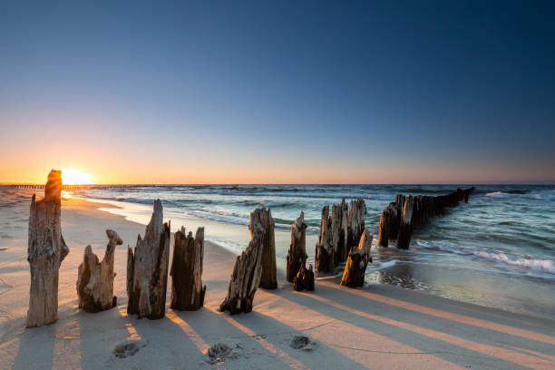 acque di rottura in legno al tramonto sul mar baltico - beach sunset sand wood foto e immagini stock