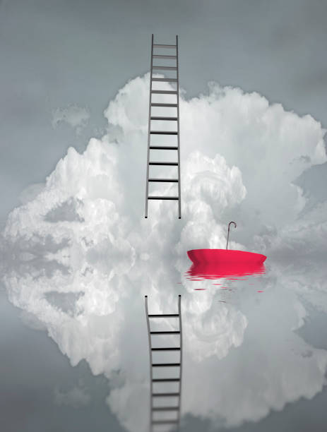 istock Ladder reflected in water with floating umbrella 1145863261