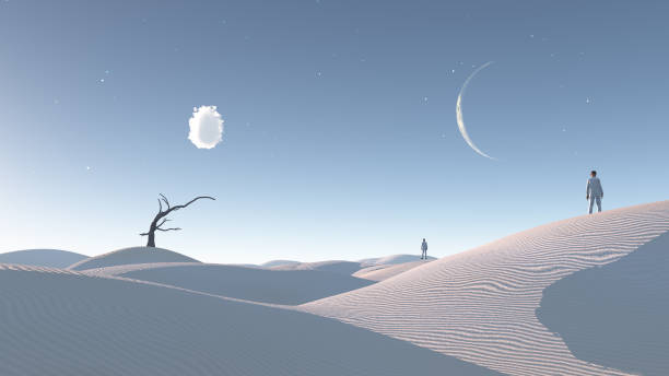 istock Man in desert with bare tree and moon Surreal Haunting 1145863345