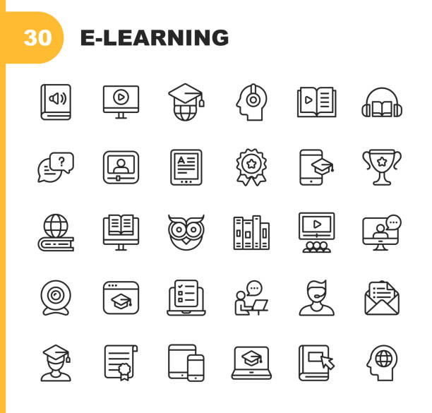 E-Learning Line Icons. Editable Stroke. Pixel Perfect. For Mobile and Web. Contains such icons as Book, AudioBook, Webinar, Online Education, Trophy. 30 E-Learning Outline Icons. youtube stock illustrations