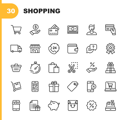 30 Shopping and E-commerce Line Icons. Editable Stroke.