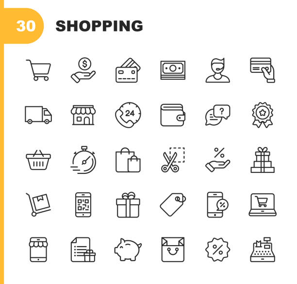 Shopping and E-commerce  Line Icons. Editable Stroke. Pixel Perfect. For Mobile and Web. Contains such icons as Shopping, E-commerce, Payment Method, Piggy Bank, Delivery. 30 Shopping and E-commerce Line Icons. Editable Stroke. supermarket stock illustrations