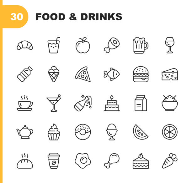 음식 및 음료 라인 아이콘입니다. 편집 가능한 스트로크. 완벽 한 픽셀. 모바일 및 웹에 적합 합니다. 빵, 와인, 햄버거, 우유 당근, 과일, 야채와 같은 아이콘이 포함 되어 있습니다. - 음식 및 음료 stock illustrations