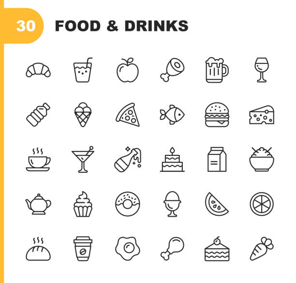 ikony linii żywności i napojów. edytowalny obrys. pixel perfect. dla urządzeń mobilnych i sieci web. zawiera takie ikony jak chleb, wino, hamburger, mleko, marchew, owoce, warzywa. - żywność i napoje stock illustrations