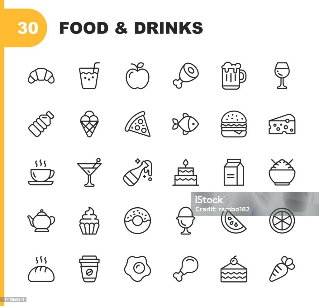 Food and Drinks Line Icons. Editable Stroke. Pixel Perfect. For Mobile and Web. Contains such icons as Bread, Wine, Hamburger, Milk, Carrot, Fruit, Vegetable. 30 Food and Drinks Outline Icons. Icon stock vector