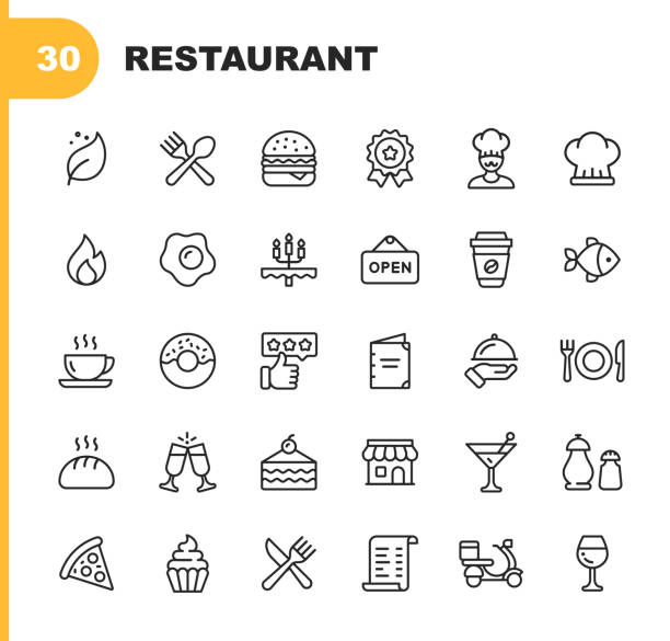 Restaurant Line Icons. Editable Stroke. Pixel Perfect. For Mobile and Web. Contains such icons as Vegan, Cooking, Food, Drinks, Fast Food, Eating.
. 30 Restaurant Outline Icons. food and drink illustrations stock illustrations