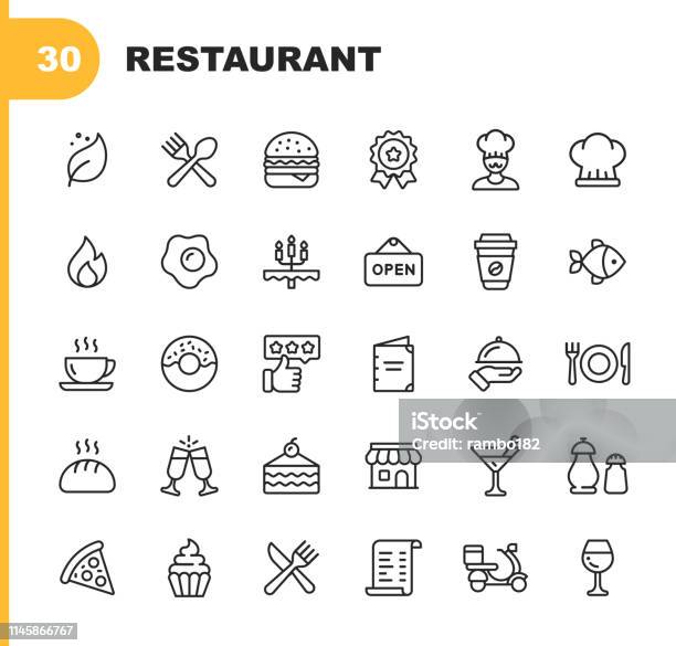 Restaurant Line Icons Editable Stroke Pixel Perfect For Mobile And Web Contains Such Icons As Vegan Cooking Food Drinks Fast Food Eating Stock Illustration - Download Image Now