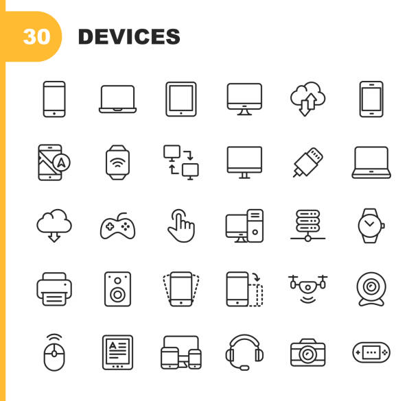 иконки линии устройств. редактируемый ход. пиксель сове�ршенный. для мобильных устройств и интернета. содержит такие значки, как смартфон, с� - electronics stock illustrations