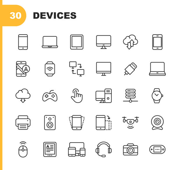 Devices Line Icons. Editable Stroke. Pixel Perfect. For Mobile and Web. Contains such icons as Smartphone, Smartwatch, Gaming, Computer Network, Printer. 30 Devices Outline Icons. drone symbols stock illustrations