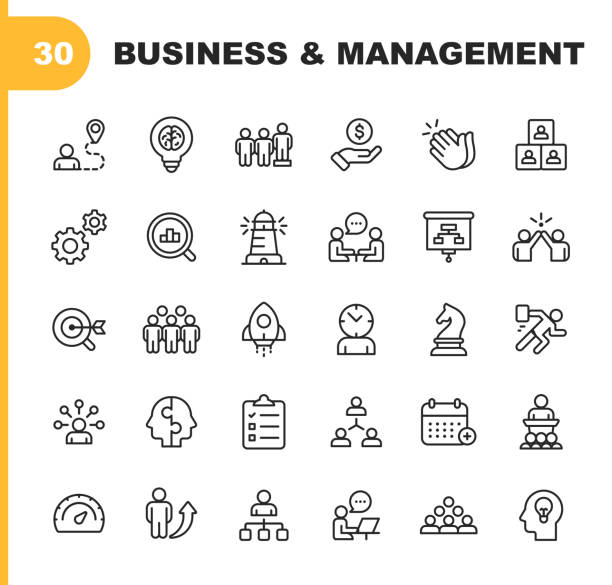 business and management line icons. bearbeitbare stroke. pixel perfect. für mobile und web. enthält solche icons wie business management, business strategy, brainstorming, optimierung, performance. - determination business person gear leadership stock-grafiken, -clipart, -cartoons und -symbole