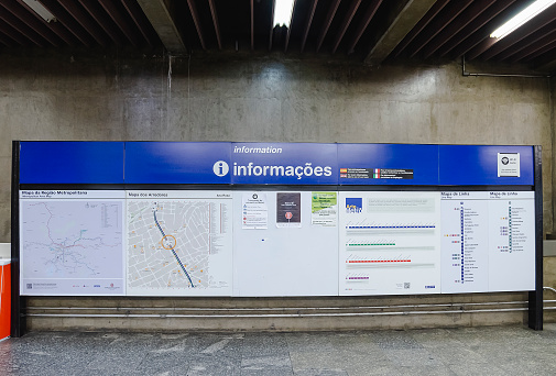 Sao Paulo SP, Brazil - February 27, 2019: Information board of the subway at Ana Rosa station. White and blue warning board about the stops of the subway.