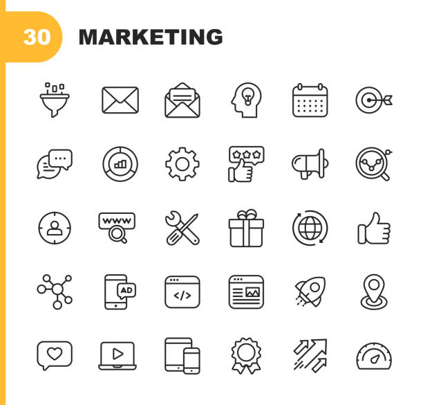 Marketing Line Icons. Editable Stroke. Pixel Perfect. For Mobile and Web. Contains such icons as Email Marketing, Social Media, Advertising, Start Up, Like Button, Video Ads, Global Business. 30 Marketing Line Icons. icons icon set stock illustrations