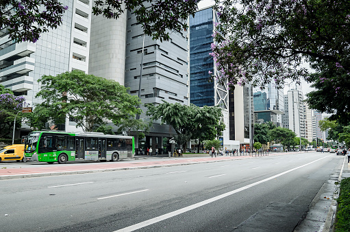 Sao Paulo SP, Brazil - March 01, 2019: Street and buildings on the beginning of Paulista avenue, one of the main avenues of the city downtown.