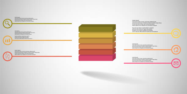 szablon infografiki ilustracji 3d. wytłoczona kostka jest podzielona poziomo na sześć części kolorowych. obiekt jest ułożony na szarym białym tle. linie ze znakami są po bokach. - orange visualization built structure cube stock illustrations