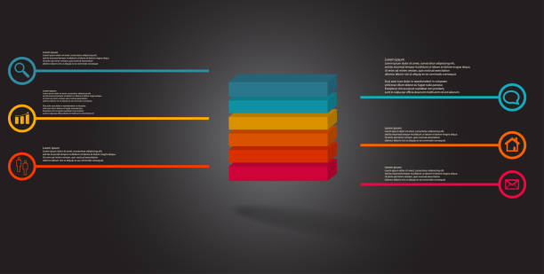 szablon infografiki ilustracji 3d. wytłoczona kostka jest podzielona poziomo na sześć części kolorowych. obiekt jest ułożony na szarym czarnym tle. linie ze znakami są po bokach. - orange visualization built structure cube stock illustrations