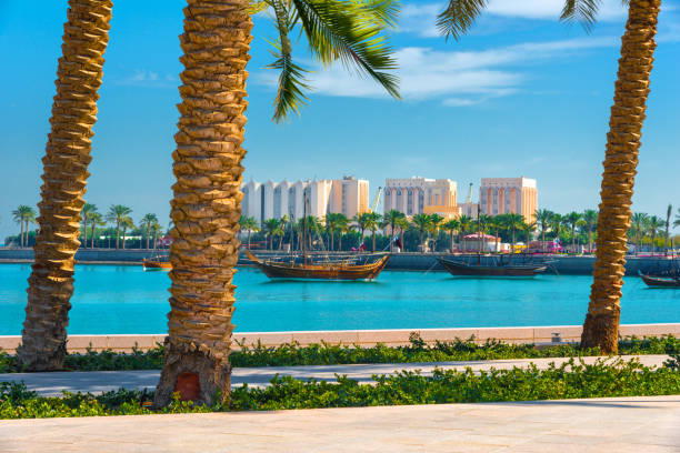 istock Doha, Qatar - view to modern skyline with skyscrapers and palms 1145873033