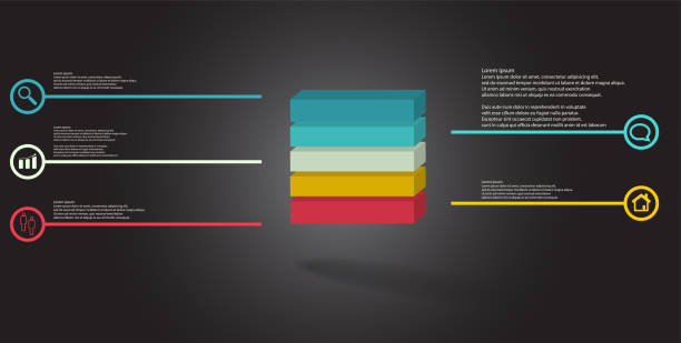 szablon infografiki ilustracji 3d. wytłoczona kostka jest podzielona poziomo na pięć części kolorowych. obiekt jest ułożony na szarym czarnym tle. linie ze znakami są po bokach. - orange visualization built structure cube stock illustrations