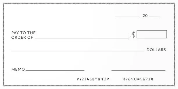 Vector illustration of Bank check template. Checkbook page background with empty fields.