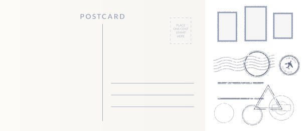 illustrations, cliparts, dessins animés et icônes de ensemble d’éléments postaux: dos de carte postale vide, timbres-poste et annuler les empreintes. - carte postale