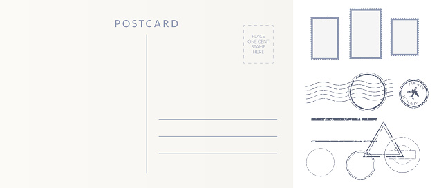 Postal elements set: empty postcard back, postage stamps and cancel marks imprints