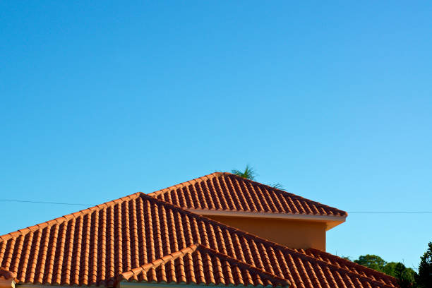 青い空に対するオレンジテラコッタの屋上 - bonita springs ストックフォトと画像