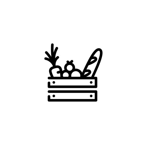 Vector Food Wooden Box Icon Vector food wooden box icon template. Line grocery logo background with organic fruits and vegetables. Farmers market wood crate illustration. Healthy natural product design concept farmer symbols stock illustrations