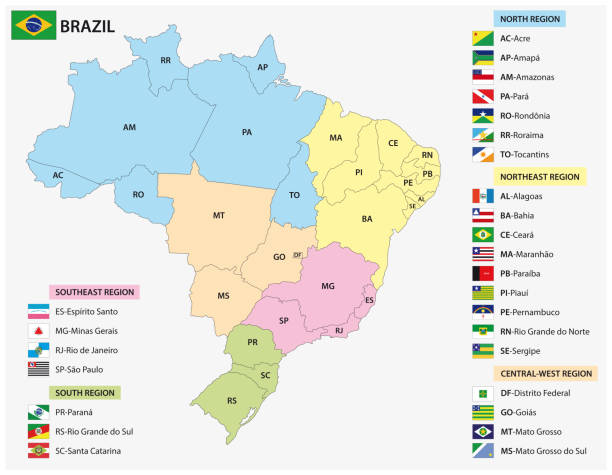 ilustraciones, imágenes clip art, dibujos animados e iconos de stock de mapa de los estados brasileños con banderas - province