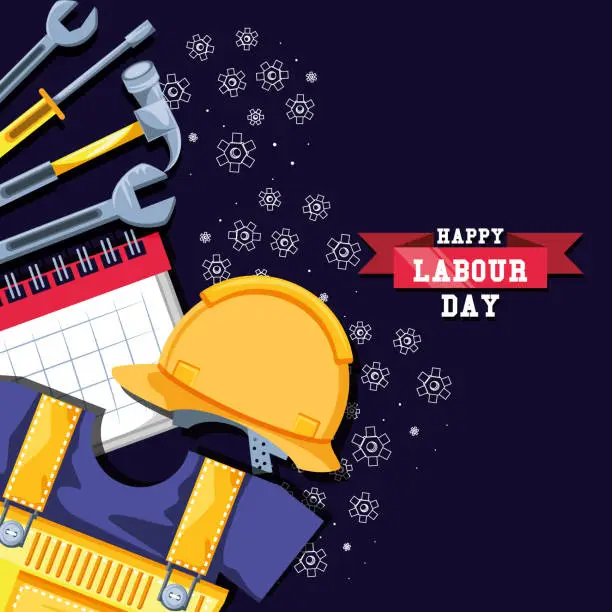 Vector illustration of happy labour day with security helmet and icons