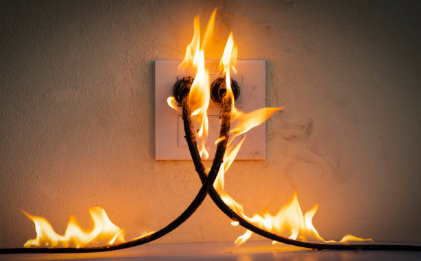 on fire electric wire plug receptacle wall partition,electric short circuit failure resulting in electricity wire burnt - electricity fire circuit board short imagens e fotografias de stock