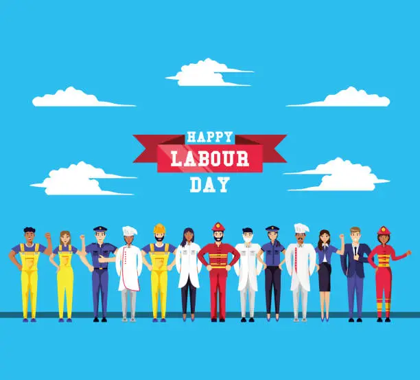 Vector illustration of happy labour day with group of professionals