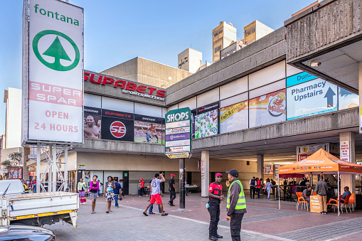 Highpoint shopping mall with the Fontana Spar supermarket open 24 hours, in Hillbrow, Johannesburg.\nHillbrow is a highly dense populated residential area in Johannesburg. Johannesburg, also known as Jozi, Jo'burg or eGoli, \