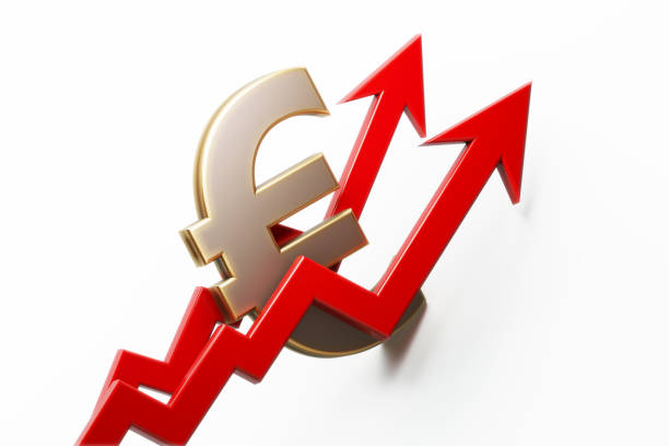 Euro Symbol  and red arrows on white background. Horizontal composition copy space.